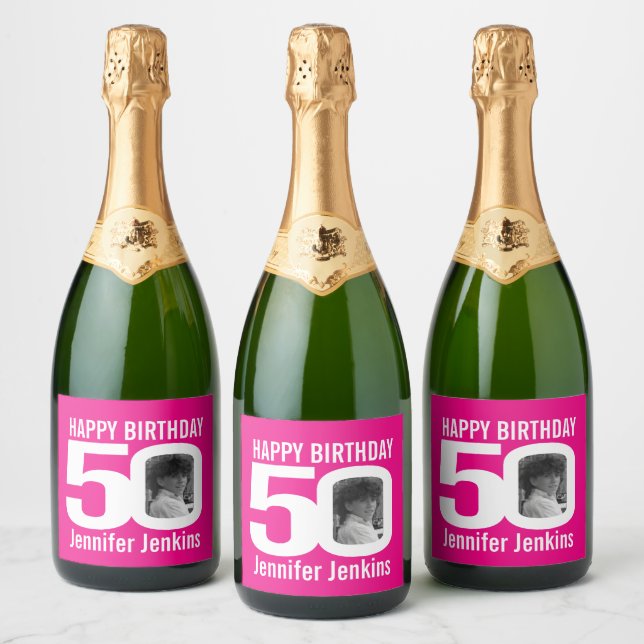 50th Birthday pink custom photo name label (Bottles)