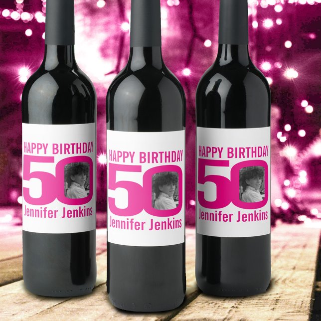 50th Birthday pink custom photo name label (Creator Uploaded)