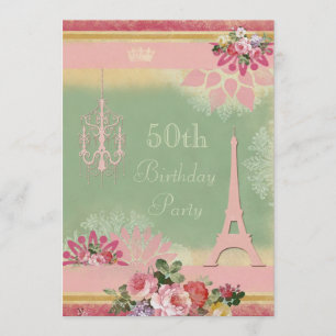 50th Birthday Pink Eiffel Tower and Chandelier Invitation