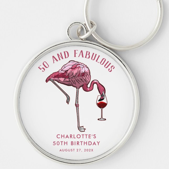 50th Birthday Pink Flamingo Novelty Swag Keychain (Front)