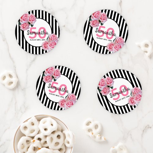 50th birthday pink floral black stripes name coaster set