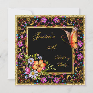 50th Birthday Pink Floral Butterfly Gold Black Invitation
