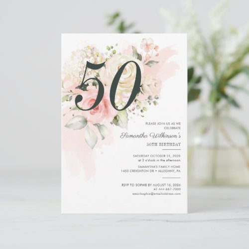 50th Birthday Pink Floral Greenery Botanical Invitation