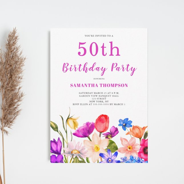 50th Birthday Pink Floral  Invitation (Creator Uploaded)