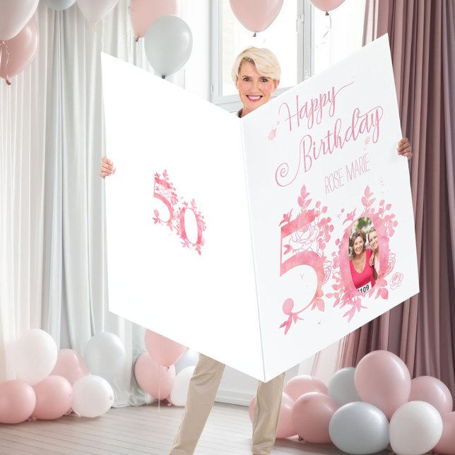 50th Birthday Pink Floral Numbers Jumbo Photo Card (Creator Uploaded)