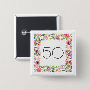 50th Birthday Pink Floral Square Her Beautiful Button