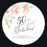 50th Birthday Pink Floral Watercolor Classic Round Sticker<br><div class="desc">A pretty sticker for your fiftieth birthday party invitations,  correspondence and party favors. This elegant and chic design features "50 & Fabulous" written in a calligraphy script and watercolor bouquets of pink and coral florals with gold accents. Personalize with your name.</div>