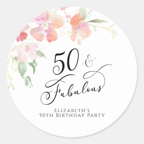 50th Birthday Pink Floral Watercolor Classic Round Sticker