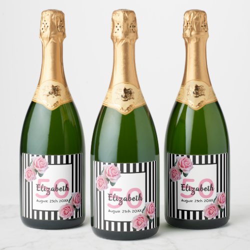50th birthday pink florals black stripes name sparkling wine label