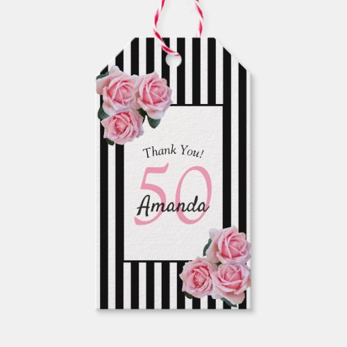 50th birthday pink florals black white stripes gift tags