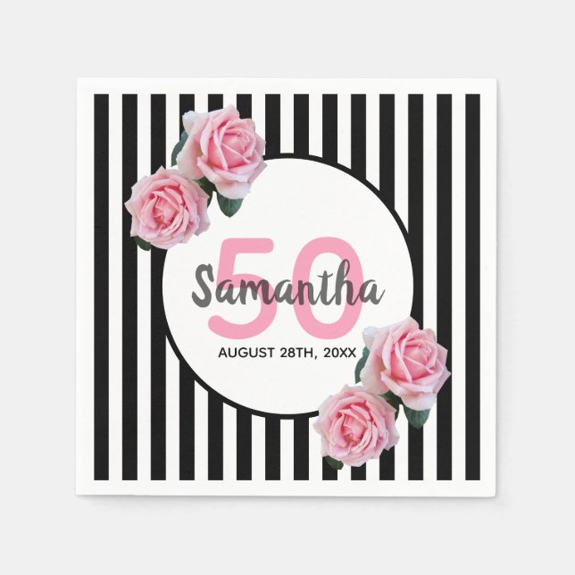 50th birthday pink flowers black stripes name napkins (Front)