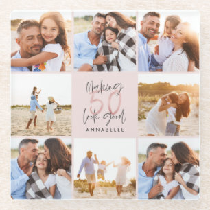 50th birthday pink girly glitter photo collage glass coaster