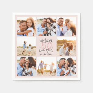 50th birthday pink girly glitter photo collage napkins