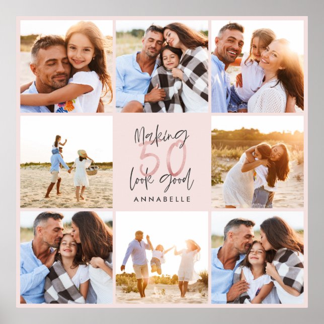 50th birthday pink girly glitter photo collage poster (Front)