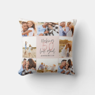50th birthday pink girly glitter photo collage throw pillow