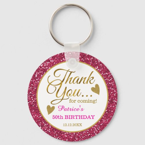 50th Birthday Pink Glitter And Gold Thank You Keychain