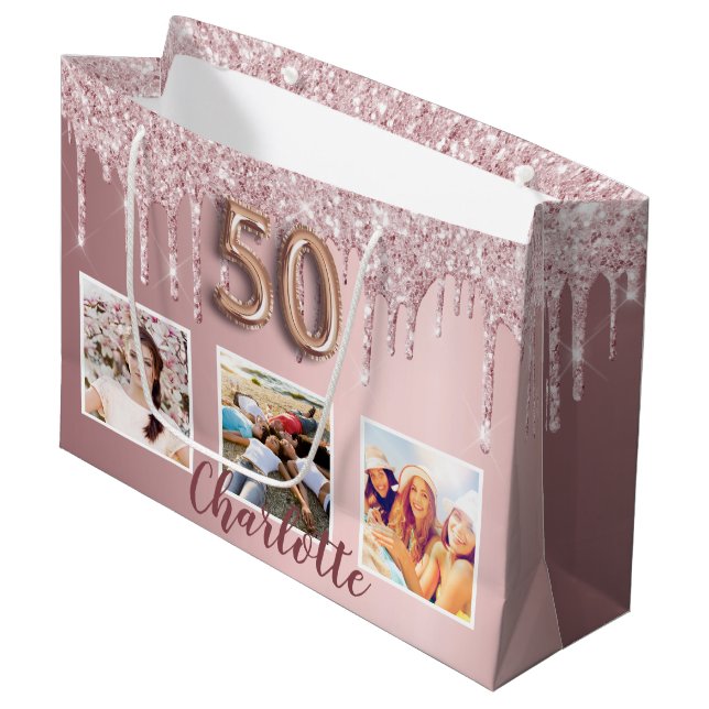50th birthday pink glitter drips photo monogram  large gift bag (Front Angled)