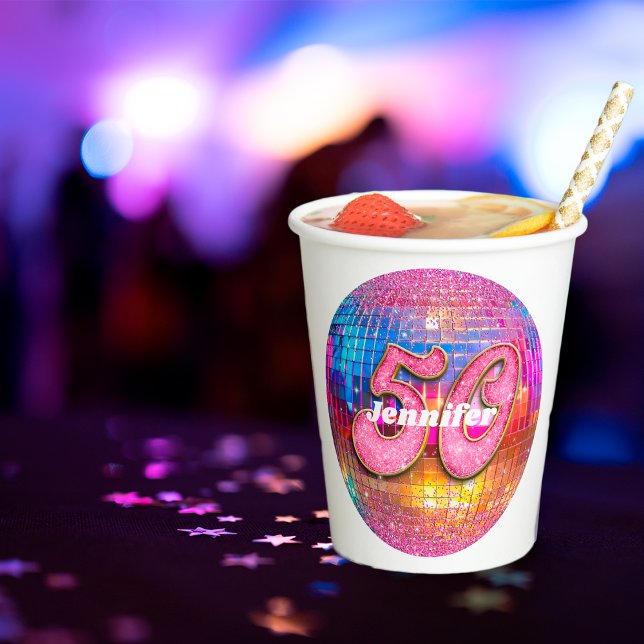 50th Birthday Pink Glitter Groovy 70s Disco Ball Paper Cups (Creator Uploaded)