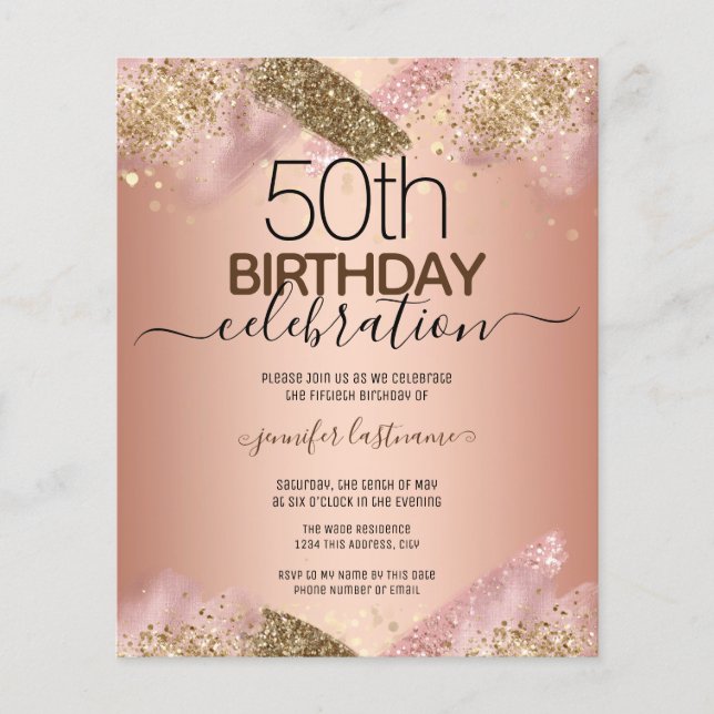 50th Birthday Pink Glitter Party Budget Invitation (Front)