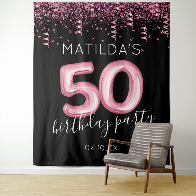 50th Birthday Pink Glitter Photo Backdrop (In Situ)