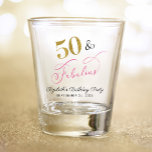 50th Birthday Pink Gold Party Favor Shot Glass<br><div class="desc">Elegant and chic 50th birthday party shot glass. "50 & Fabulous" is written in a a stylish gold,  pink and black script and you can personalize with her name and the party date.</div>