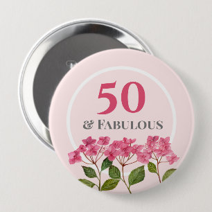 50th Birthday Pink Hydrangea Lacecaps Illustration Button