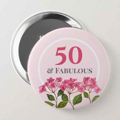 50th Birthday Pink Hydrangea Lacecaps Illustration Button
