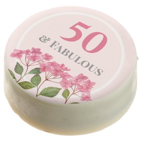 50th Birthday Pink Hydrangea Lacecaps Illustration Chocolate Covered Oreo