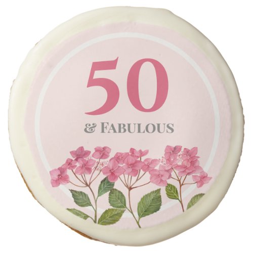 50th Birthday Pink Hydrangea Lacecaps Illustration Sugar Cookie