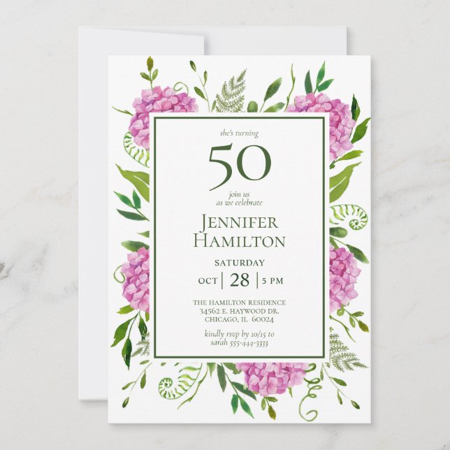50th Birthday Pink Hydrangeas Invitation (Front)