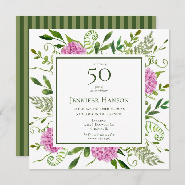 50th Birthday Pink Hydrangeas Invitation (Front/Back)