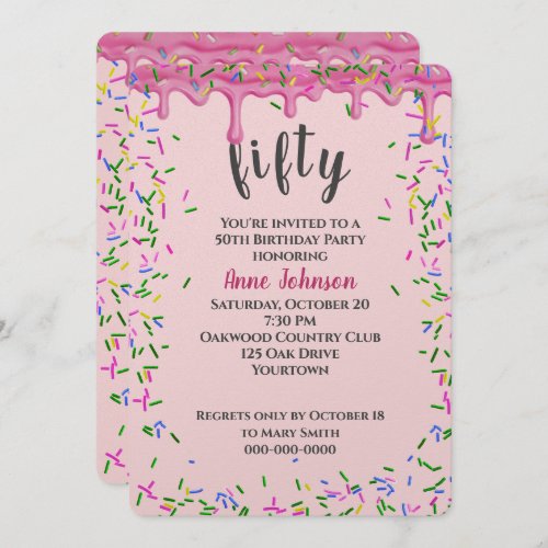 50th Birthday Pink Icing And Sprinkles Invitation