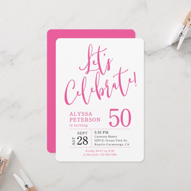 50th Birthday Pink Let's Celebrate Invitation (Front/Back In Situ)