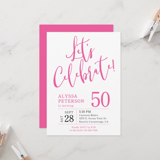 50th Birthday Pink Let's Celebrate Invitation (Front/Back In Situ)