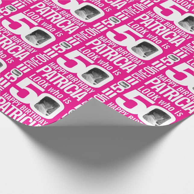 50th birthday pink look 50 custom photo and name wrapping paper (Corner)