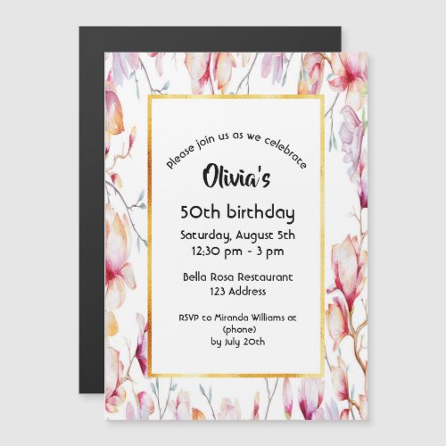 50th birthday pink magnolia florals white gold magnetic invitation