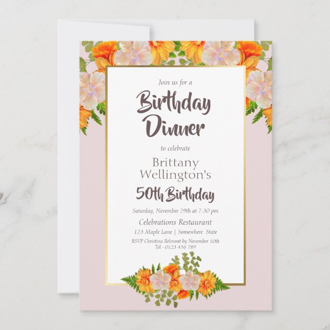 50th Birthday Pink Orange Gold Floral Party Invitation (Front)