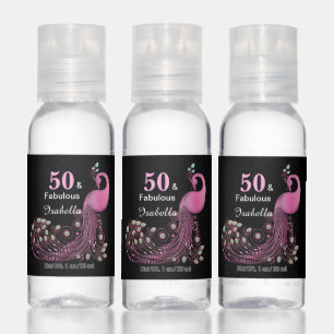 50th Birthday Pink Peacock Bird on Black Hand Sanitizer
