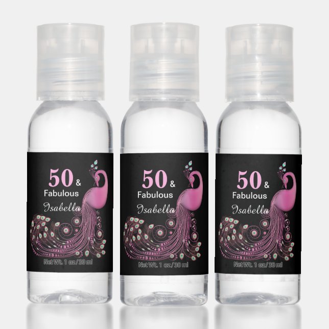 50th Birthday Pink Peacock Bird on Black Hand Sanitizer (Set)