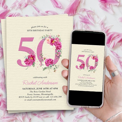 50th Birthday Pink Peony Floral Number 50 Invitation