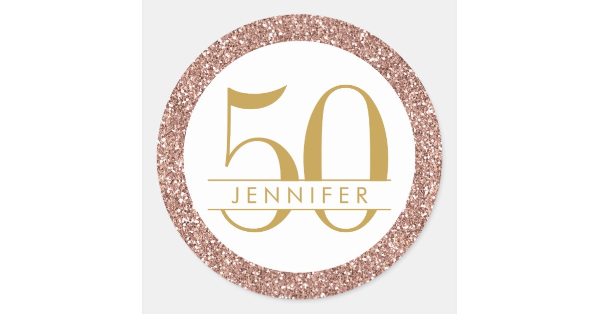 50th Birthday Pink Personalized Rose Gold Glitter Classic Round Sticker