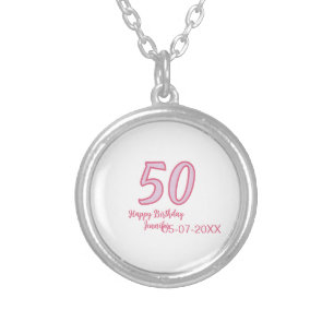 50th birthday pink purple bold name simple minimal silver plated necklace