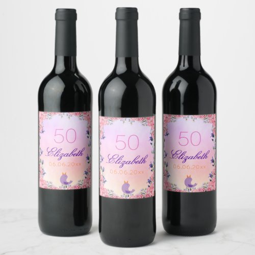 50th birthday pink purple florals monogram wine label