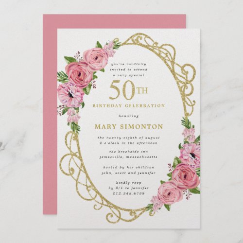 50th Birthday Pink Rose Floral Gold Invitation
