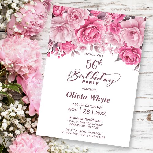 50th Birthday Pink Rose Floral Party Invitation