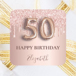 50th birthday pink rose gold drips square sticker<br><div class="desc">Elegant, classic, glamorous and girly for a 50th birthday party. Rose gold and blush pink, gradient background. Decorated with rose gold, pink drips, paint dripping look. Personalize and add a name. With the text: Happy Birthday. The text is written with a modern dark rose colored hand lettered style script. Number...</div>