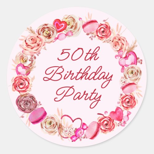 50th Birthday Pink Rose Swirly Heart Envelope Classic Round Sticker