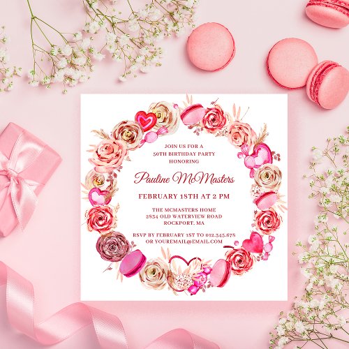 50th Birthday Pink Rose Swirly Heart Valentine Invitation