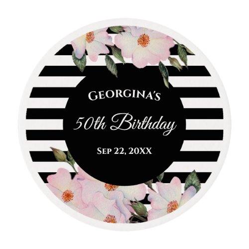 50th Birthday Pink Roses Ballerina Black Stripes Edible Frosting Rounds