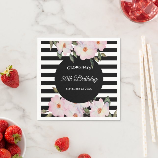 50th Birthday Pink Roses Ballerina Black Stripes Napkins (Insitu)